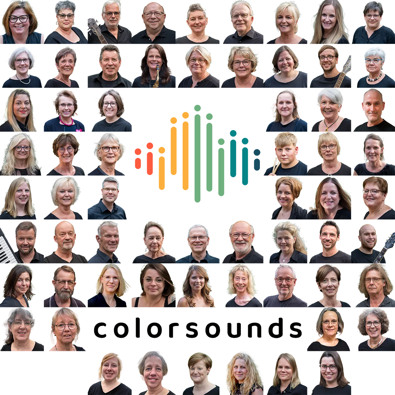 Die Sängerinnen und Sänger von colorsounds als Porträt-Collage rund um das bunte colorsounds-Logo